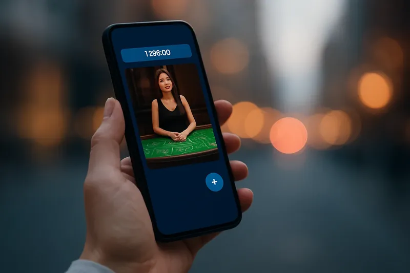 Hand holding smartphone showing dark casino app with live dealer preview