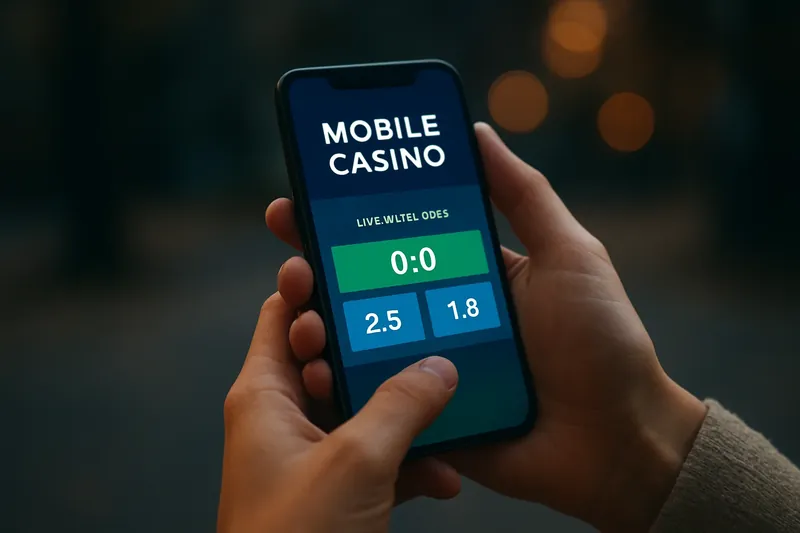 Hands holding smartphone with mobile casino interface and live match odds