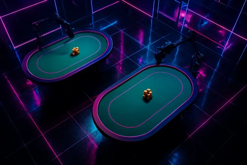 Live Casino Studio Overhead live casino studio with dealer tables, cameras, green felt, gold chips